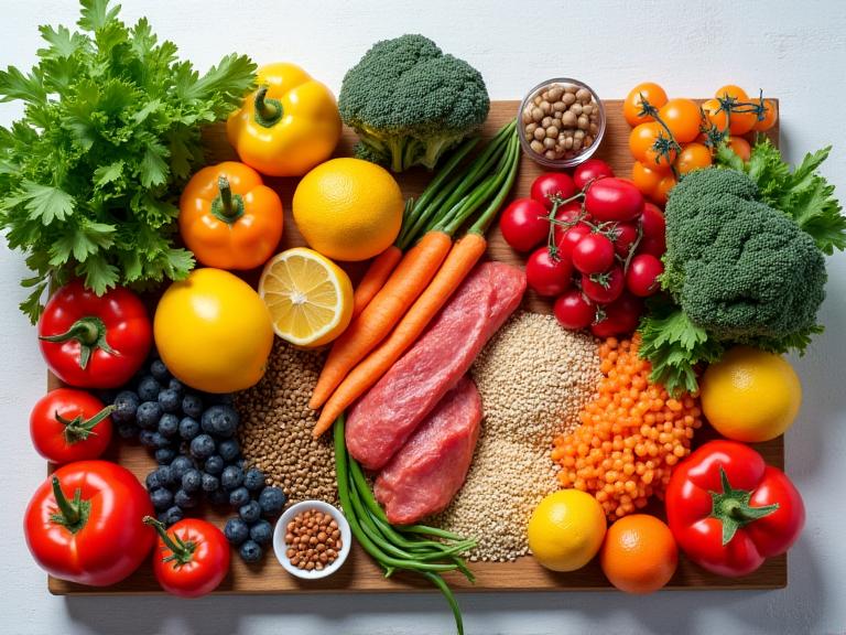 Eine Auswahl an  gesunden Lebensmitteln als Symbol für Ernährungsberatung und Gewichtsmanagement.